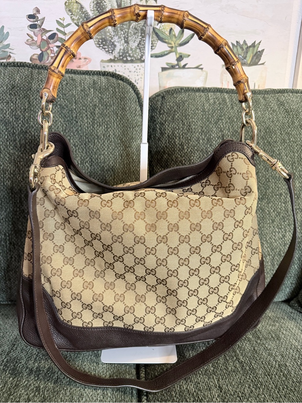 Gucci Beige GG Canvas Shoulder Bag with Bamboo Handle